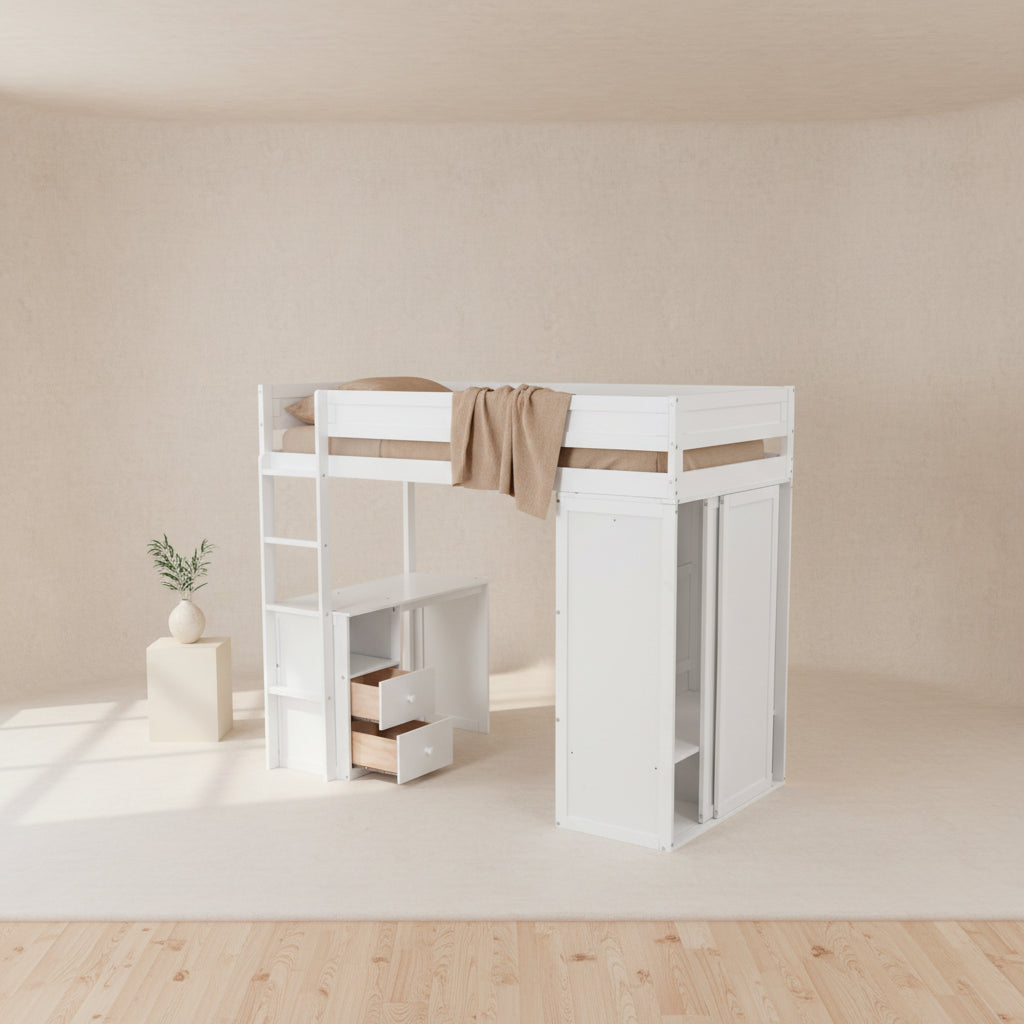 Wood with Wardrobes and 2-Drawer Desk with Cabinet