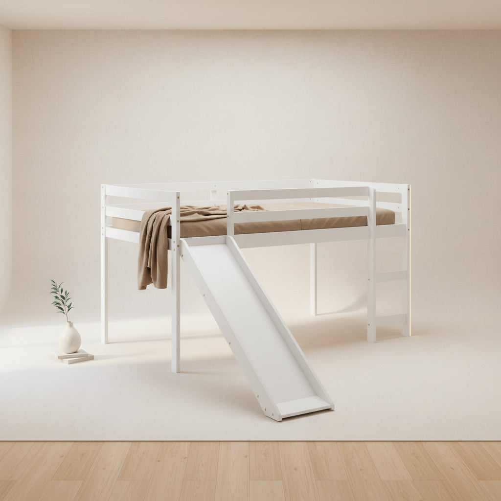 Lit mezzanine en bois massif de taille double avec toboggan et échelle