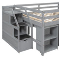 Full Size Loft Bed with Retractable Writing Desk and 3 Drawers, Wooden Loft Bed with Storage Stairs