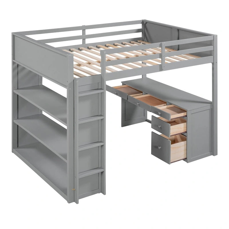 Lit mezzanine pleine grandeur avec bureau d'étude intégré, cadre de lit en bois massif avec étagères à 3 niveaux et tiroirs de rangement, lit polyvalent