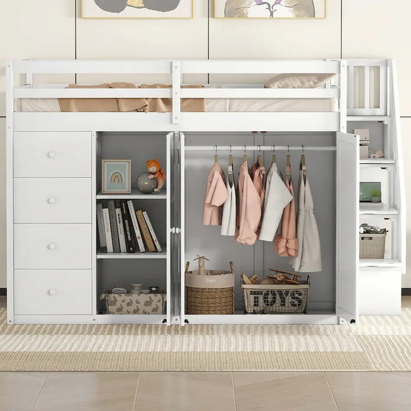 Full Size Loft Bed, Wood Loft Bed Frame with Built-in Wardrobes, Cabinets and Drawers