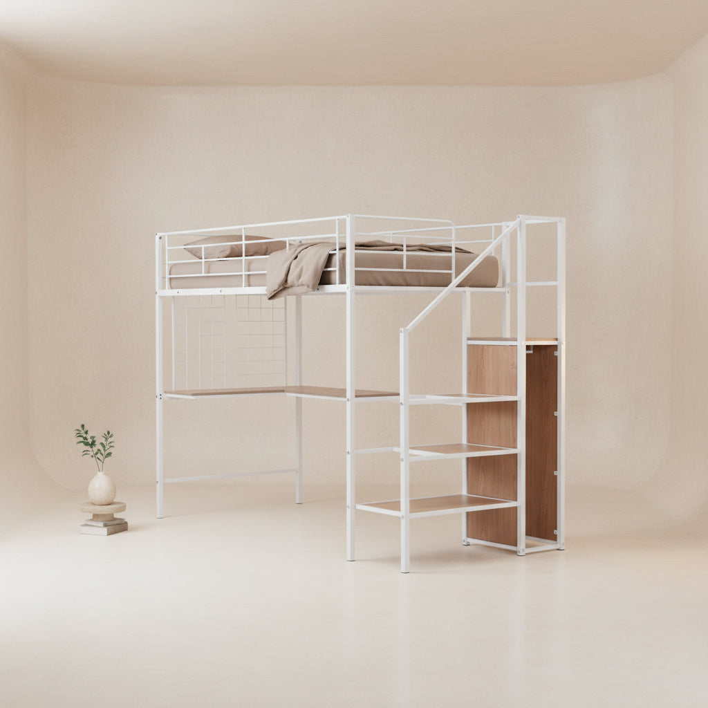 Twin Size Metal Loft Bed with Desk and Wardrobe, Lateral Storage Ladder