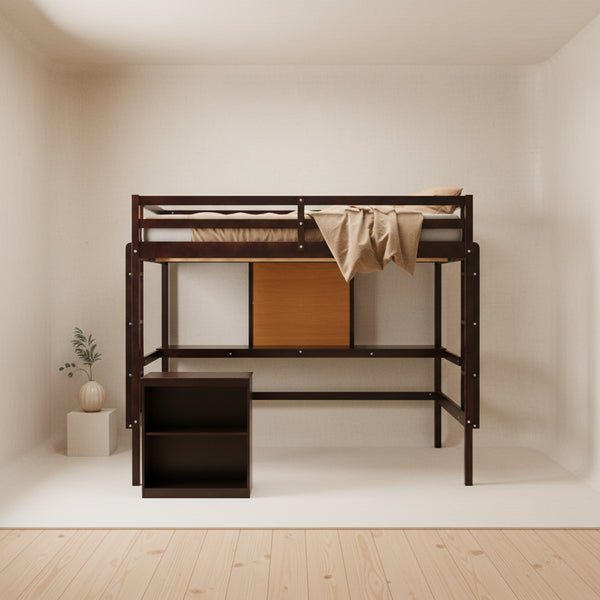 Espresso Pine Wood Loft Bed with Desk and Cabinet, Writing Board, Full-Length Guardrail