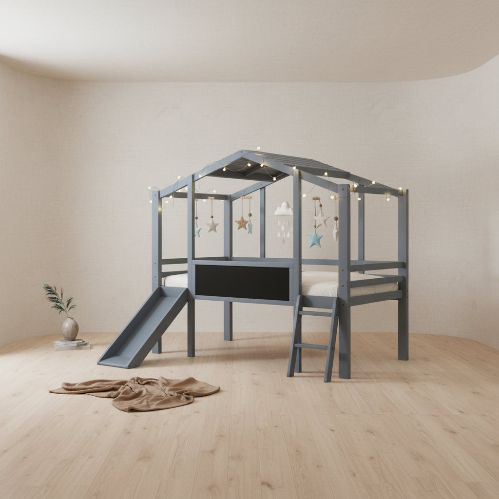 Twin Size Loft Bed with Ladder and Slide