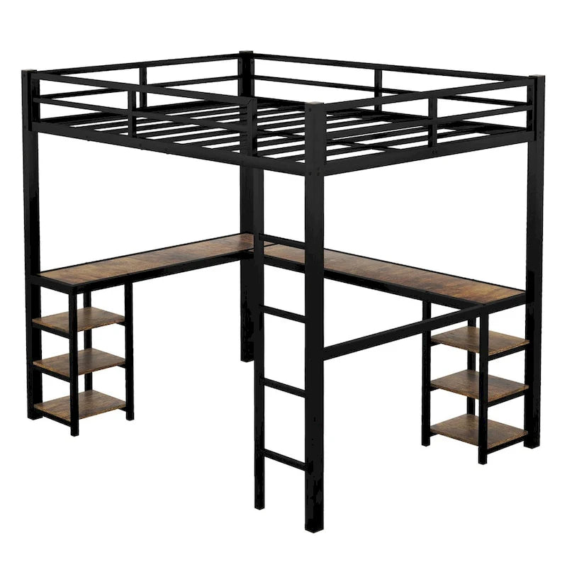 Lit mezzanine en métal avec bureau et étagères