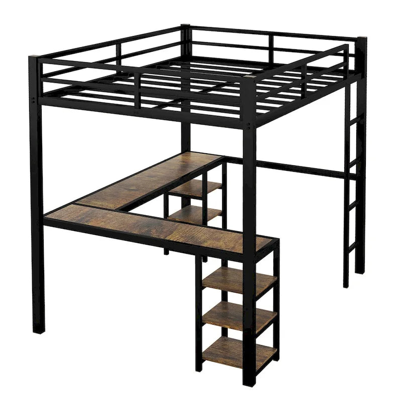 Lit mezzanine en métal avec bureau et étagères