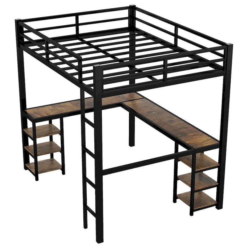 Lit mezzanine en métal avec bureau et étagères