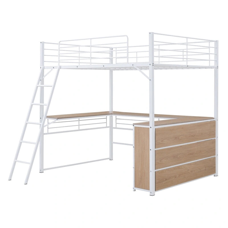 Lit mezzanine en métal blanc avec bureau en L et 3 étagères, échelle réversible